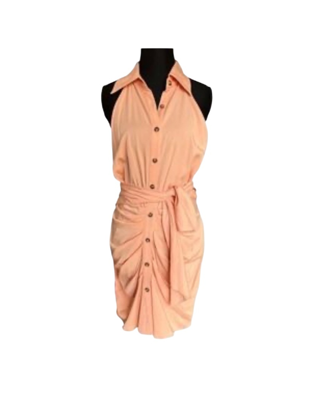 Sleeveless Peach Button-Front Mini Dress with Waist Tie